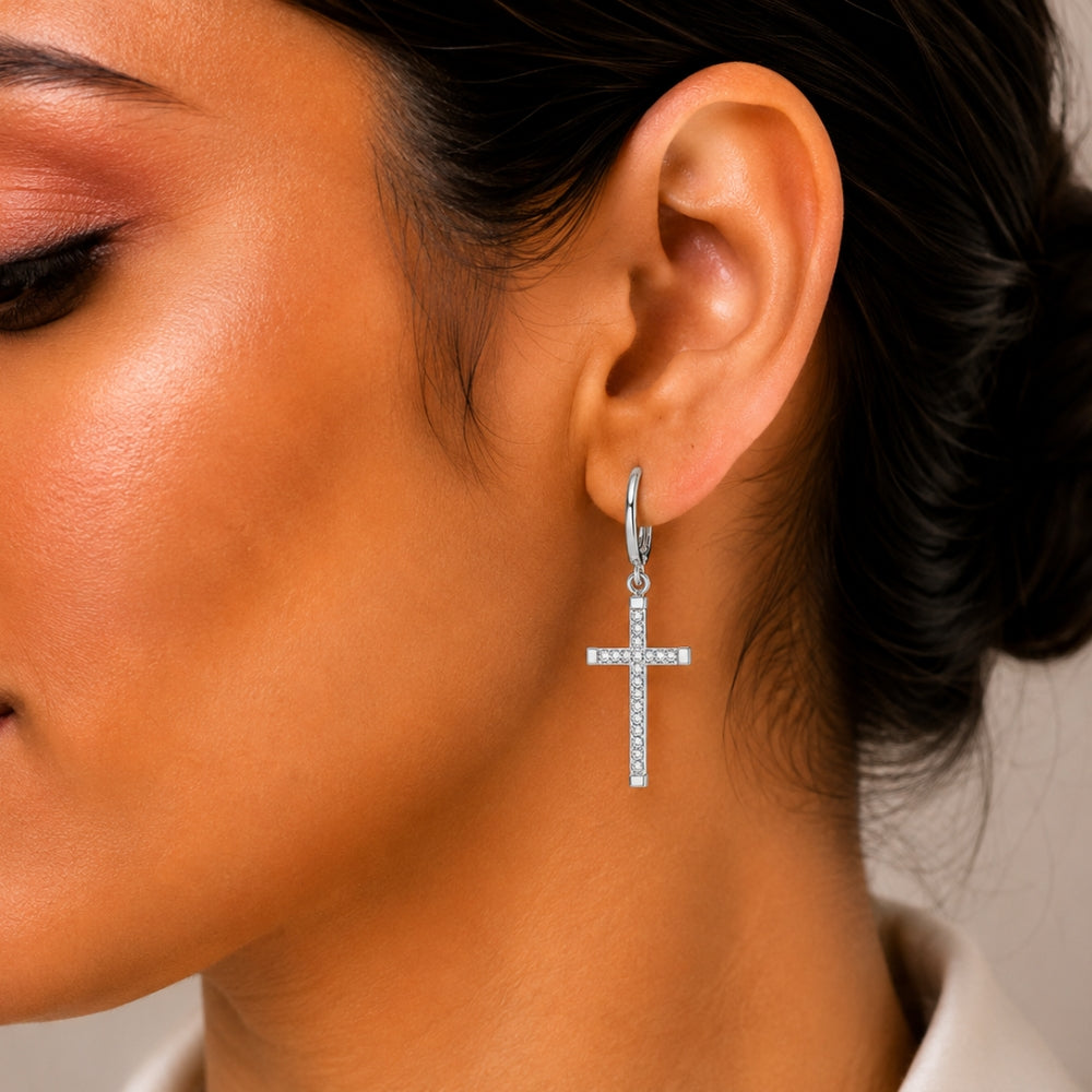 Classic Round Cut Moissanite Cross Style Drop Dangle Earrings