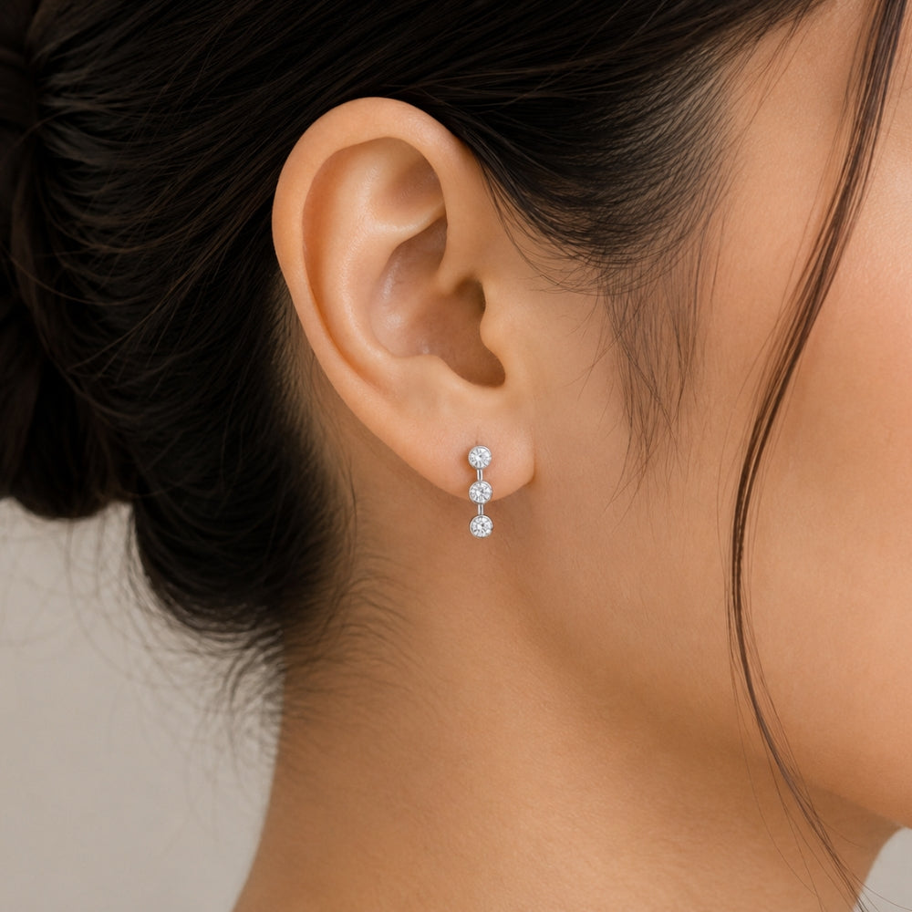 Colorless Moissanite Round Cut Bezel Set Drop Dangle Earrings