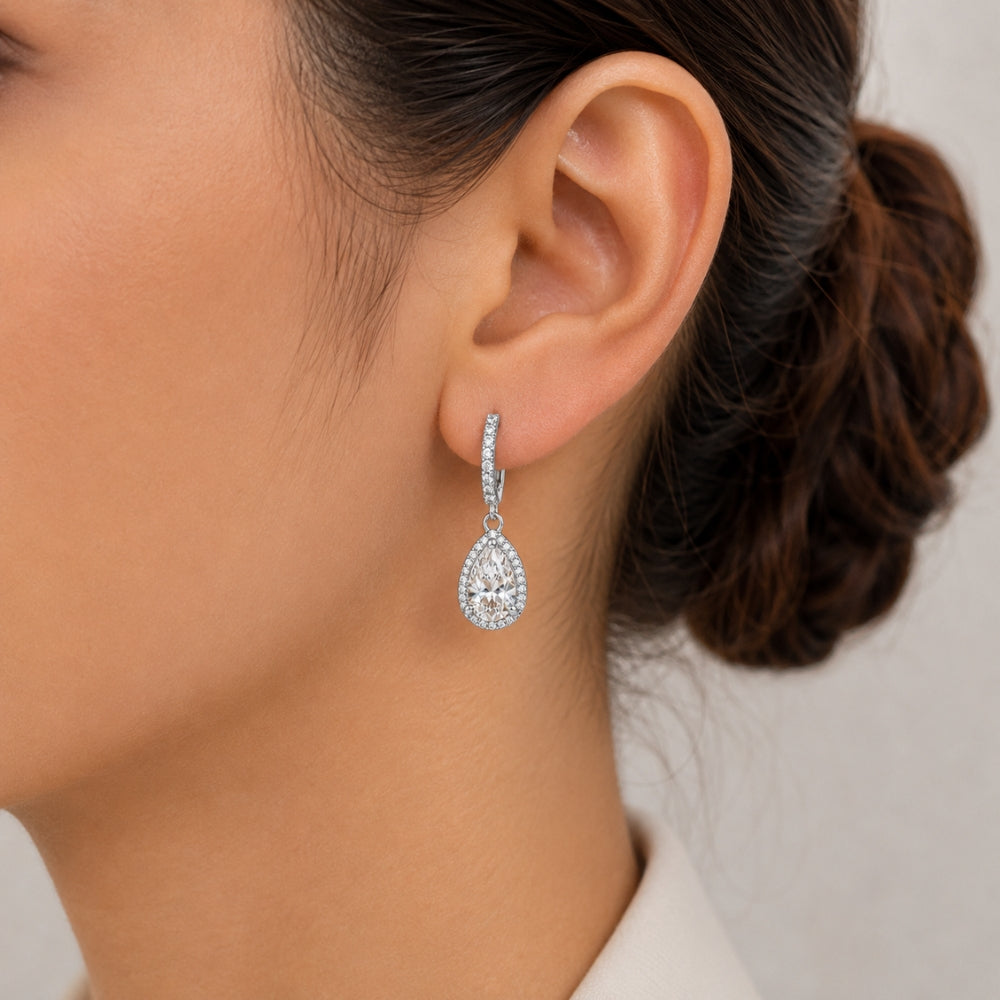 Pear & Round Cut VVS1 Moissanite Halo Style Drop Earrings