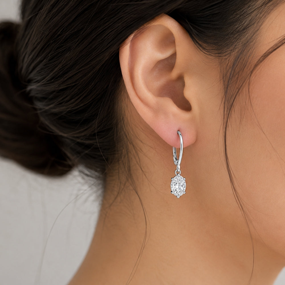 Colorless Moissanite Oval Cut Six Prong Set Women's Drop Earrings