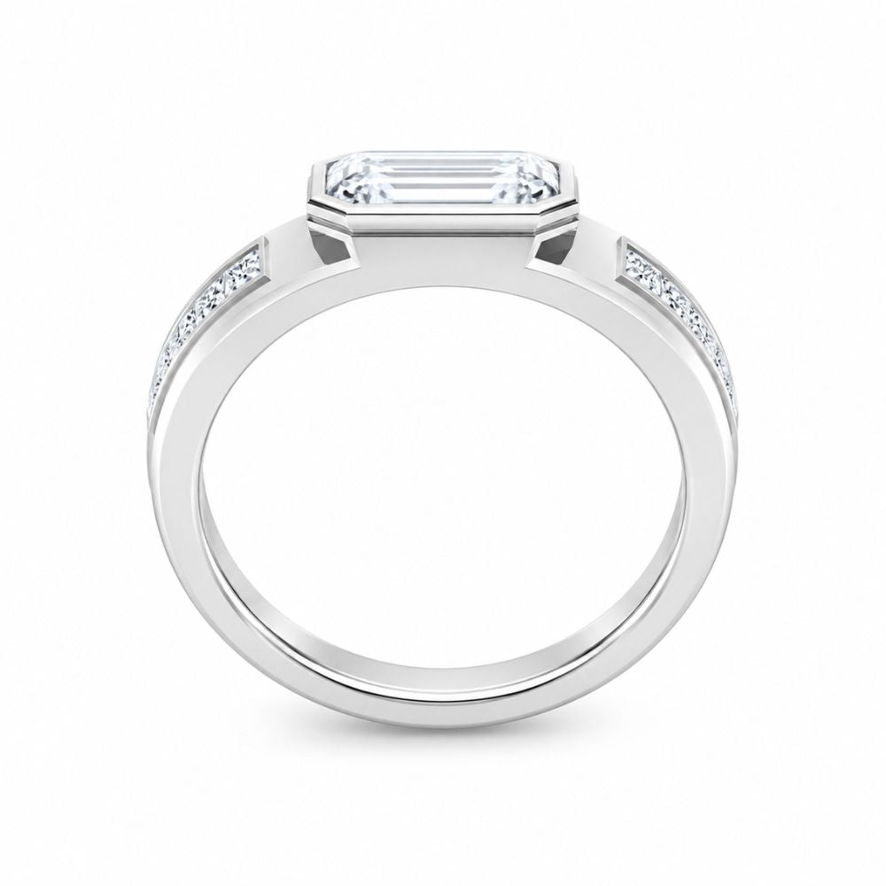 Bezel Set Emerald Cut Lab Grown Diamond Men's Ring For Birthday Gift