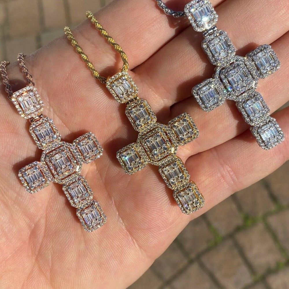 Baguette Cut Moissanite Diamond Rapper Style Cross Pendant