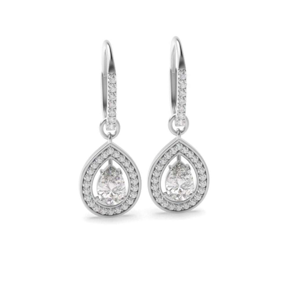 18K White Gold Pear Cut Moissanite Halo Drop Earrings