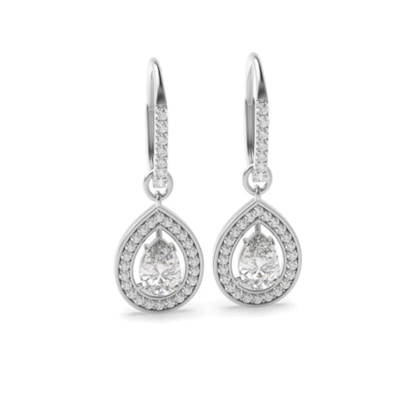 18K White Gold Pear Cut Moissanite Halo Drop Earrings