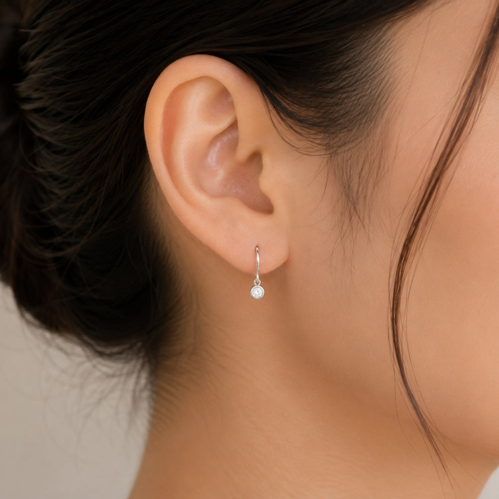 Solitaire Round Cut Moissanite Bezel Set Drop Dangle Earrings
