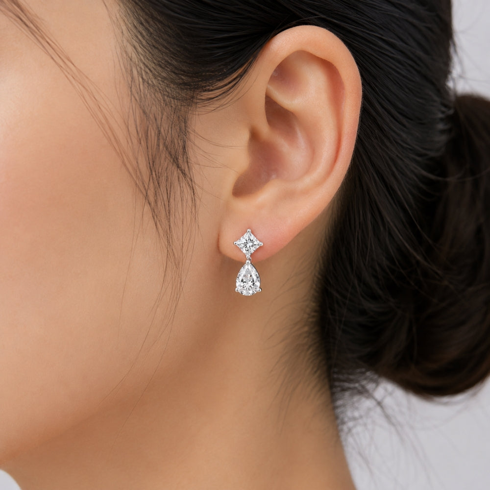 Moissanite Princess & Pear Cut Classic Drop Earrings