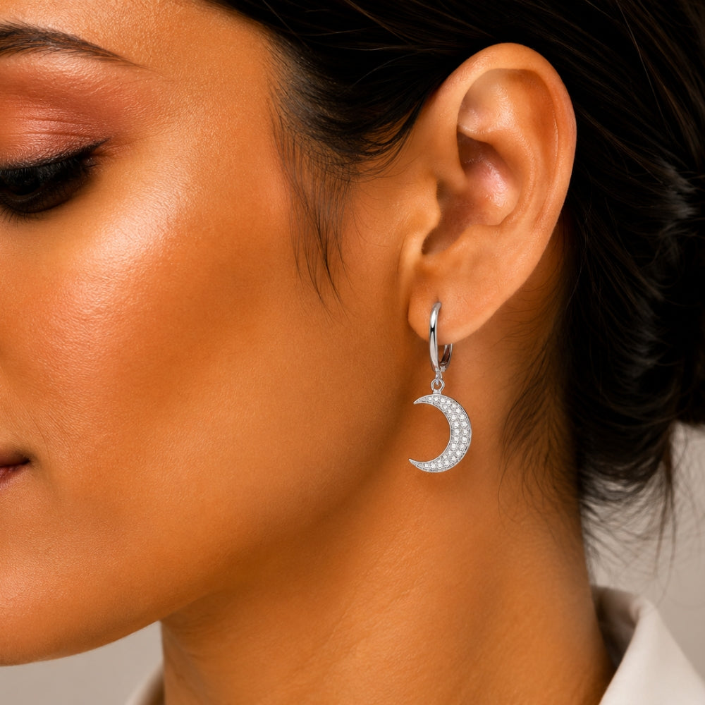 Round Cut Moissanite Half Moon Style Drop Dangle Earrings