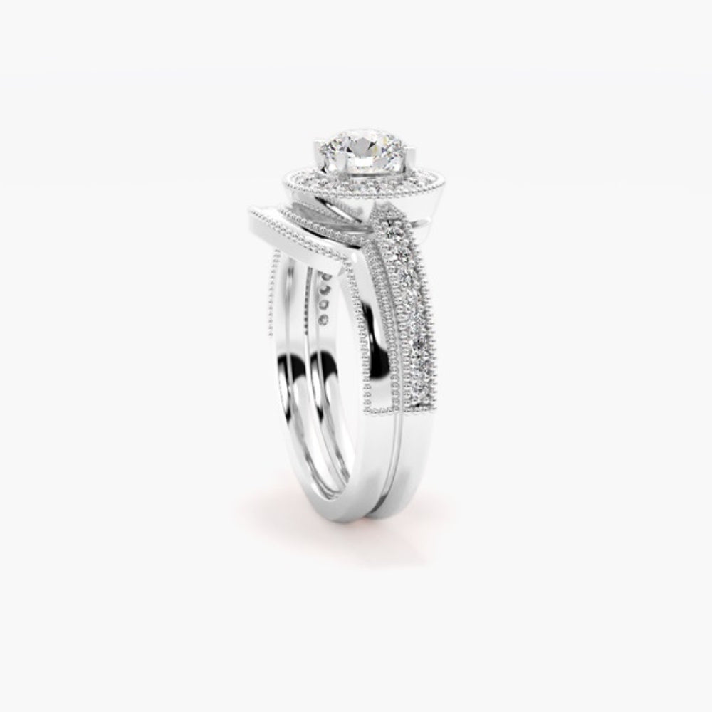 Moissanite Round Cut Halo Ring Set For Wedding