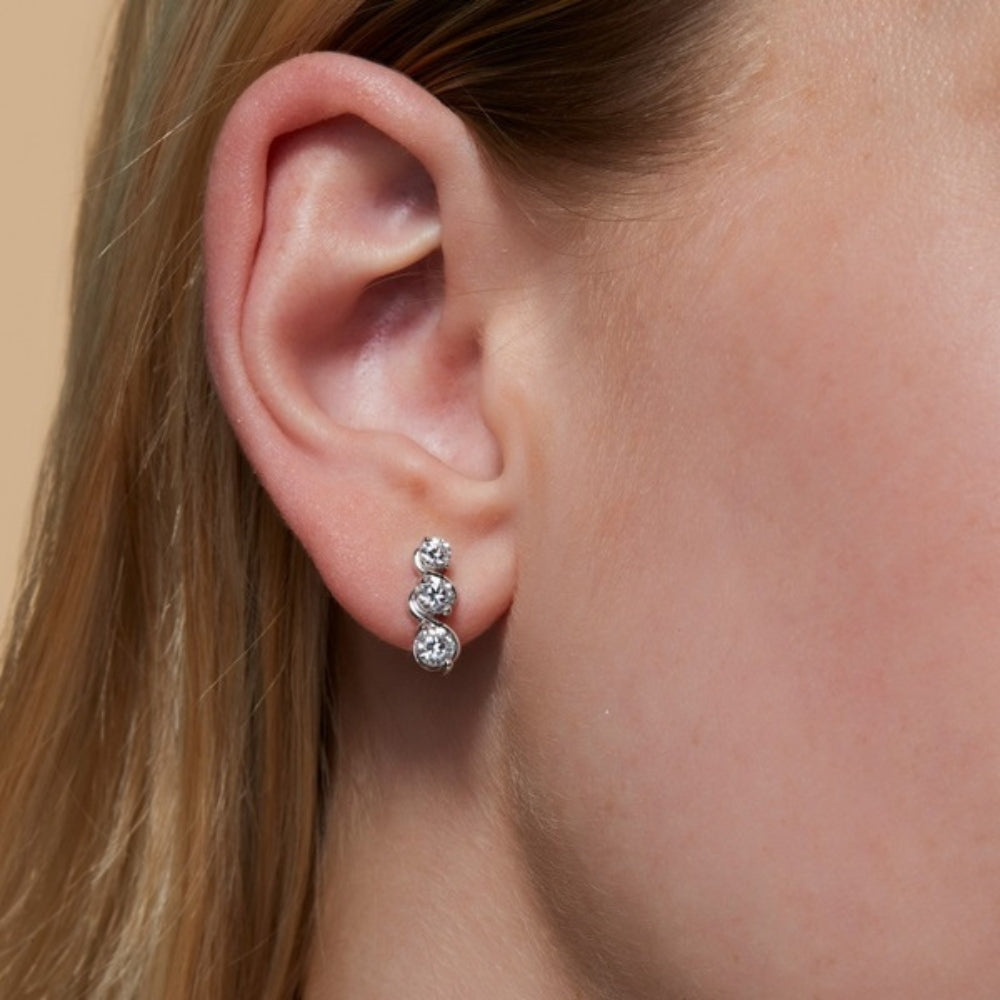 Round Cut Moissanite Three Stone Stud Earring