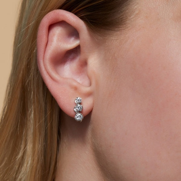 Round Cut Moissanite Three Stone Stud Earring