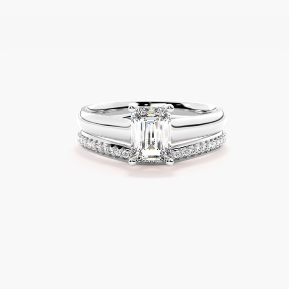 Emerald Cut Moissanite Solitaire Wedding Ring Set