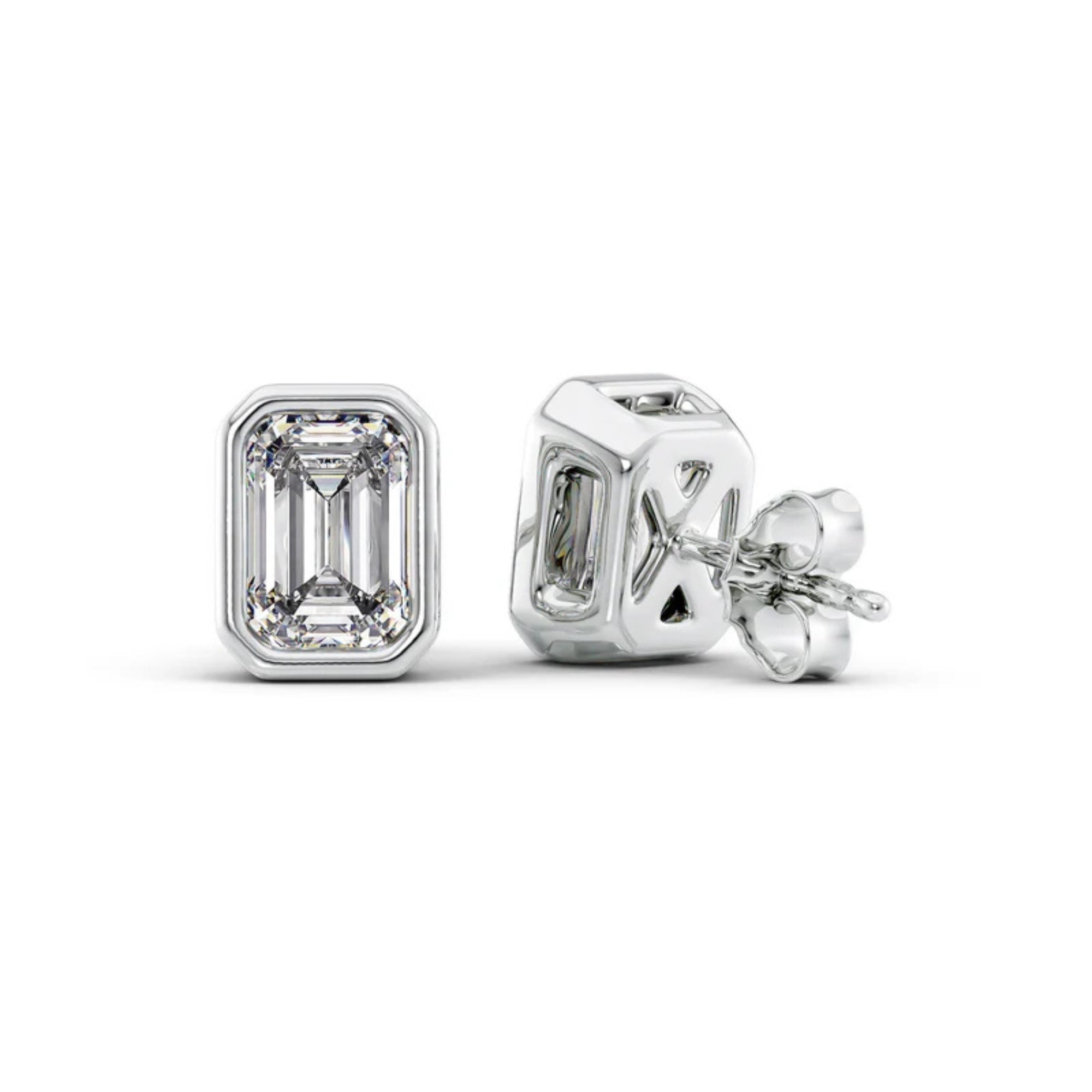 Emerald Cut Moissanite Bezel Set Stud Earrings For Women