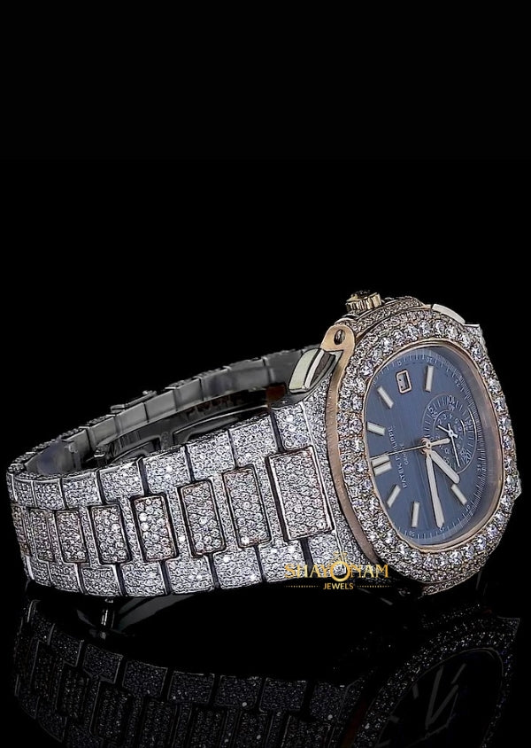 Iced Out Moissanite Dual Tone Blue Dial Hip Hop Watches