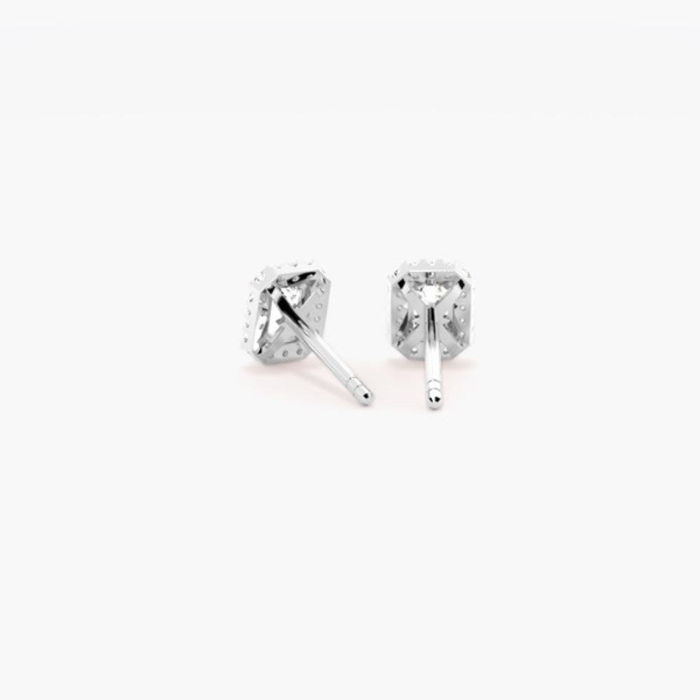 Emerald Cut Moissanite Halo Style Stud Earring