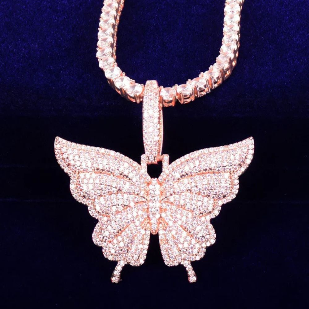 Round Cut Iced Out Lab Grown Diamond Butterfly Pendant
