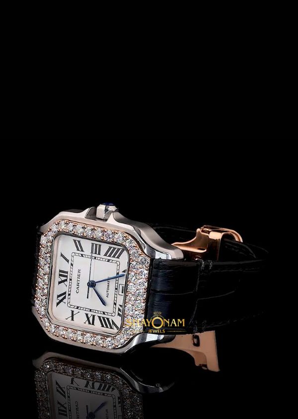 Moissanite Diamond Dual Tone Leather Belt Luxury Watch For Men's