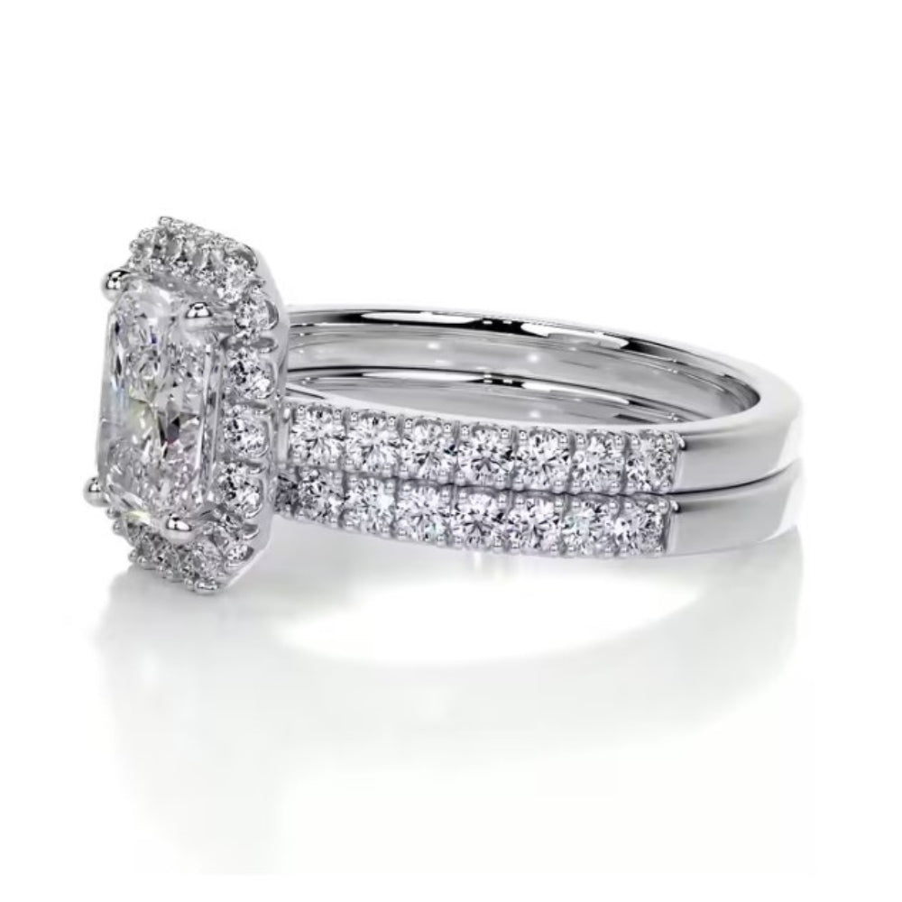 Radiant Cut Moissanite Halo Style Bridal Ring Set