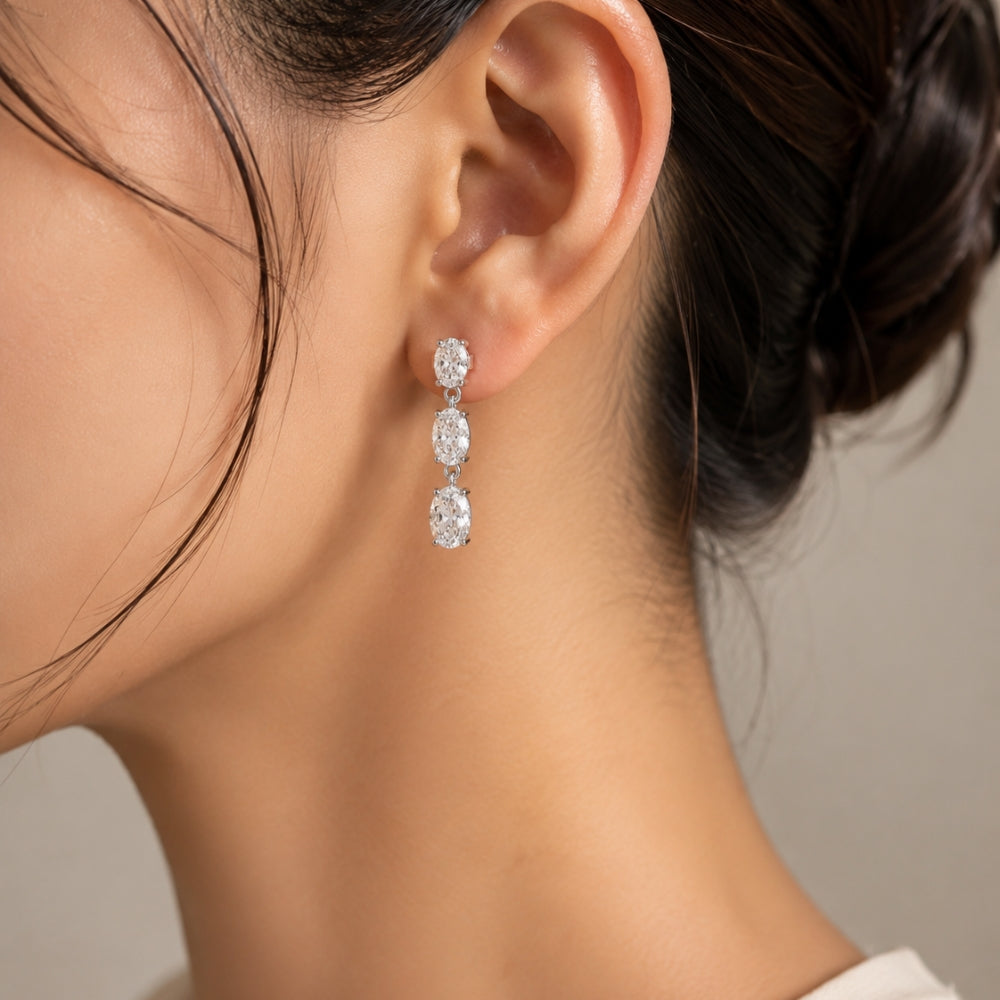 Oval Cut Moissanite Three Stone Drop Dangle Earrings