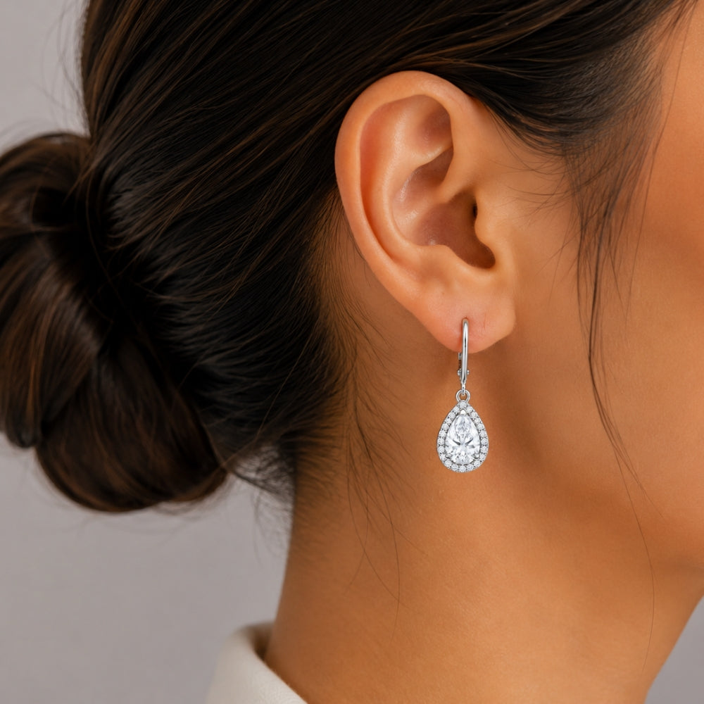 Pear Cut Halo Style Moissanite Classic Drop Dangle Earring