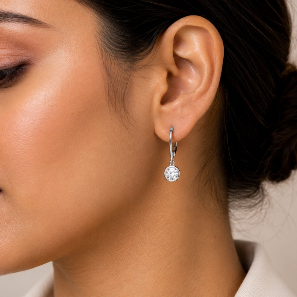 Round Cut Moissanite Bezel Set Drop Dangle Earrings