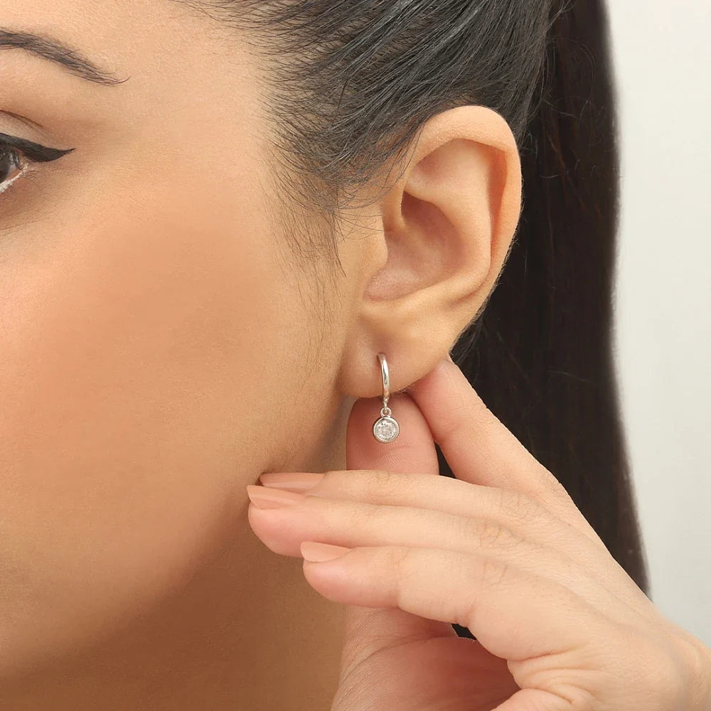Round Cut Moissanite Bezel Drop Hoop Earrings in 14K White Gold