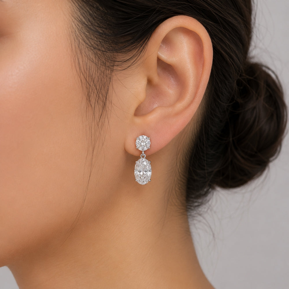 Oval Cut & Round Cut Moissanite 4 Prong Drop Earrings