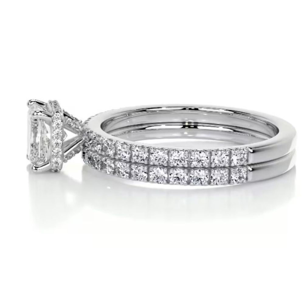 Radiant Cut Moissanite Hidden Halo Ring Set For Bridal