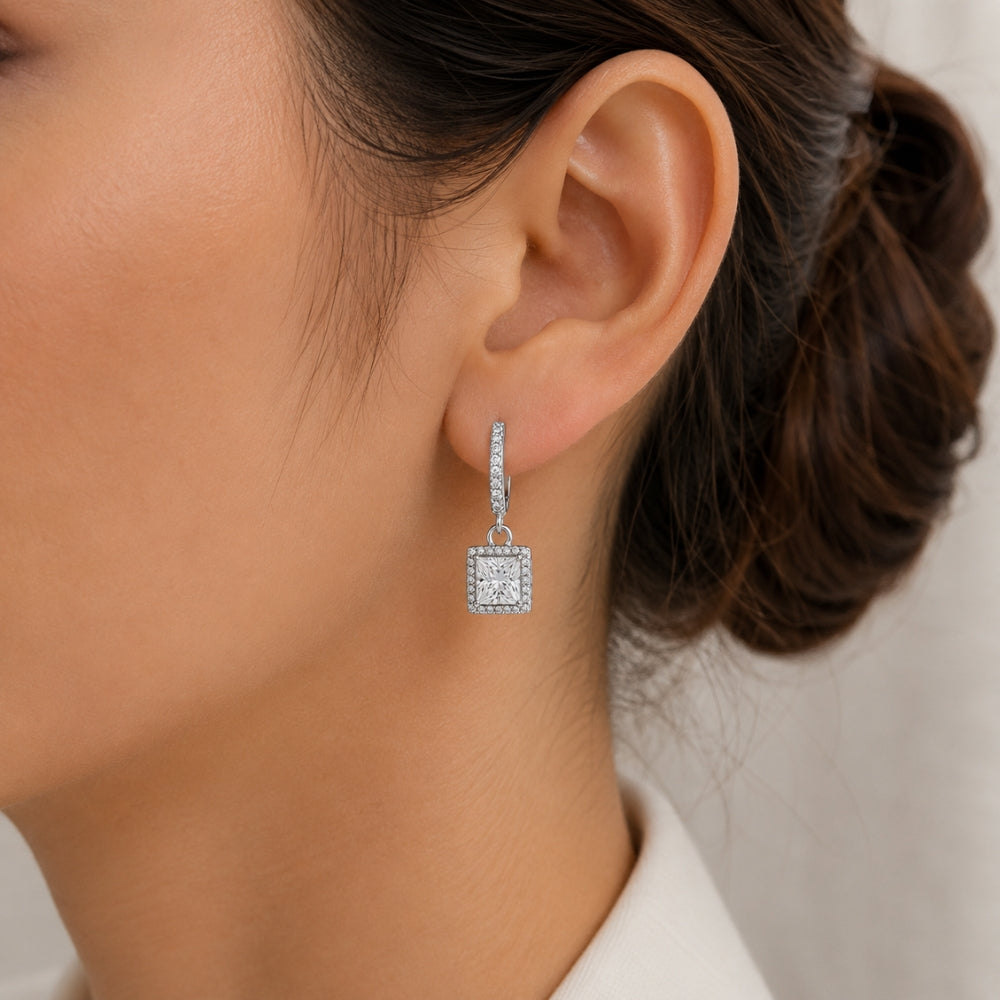 Princess Cut Halo Style Moissanite Drop Dangle Earrings