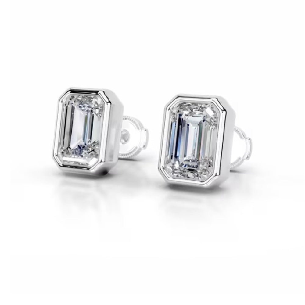 Emerald Cut Bezel Set  Moissanite Solitaire Earring For Women