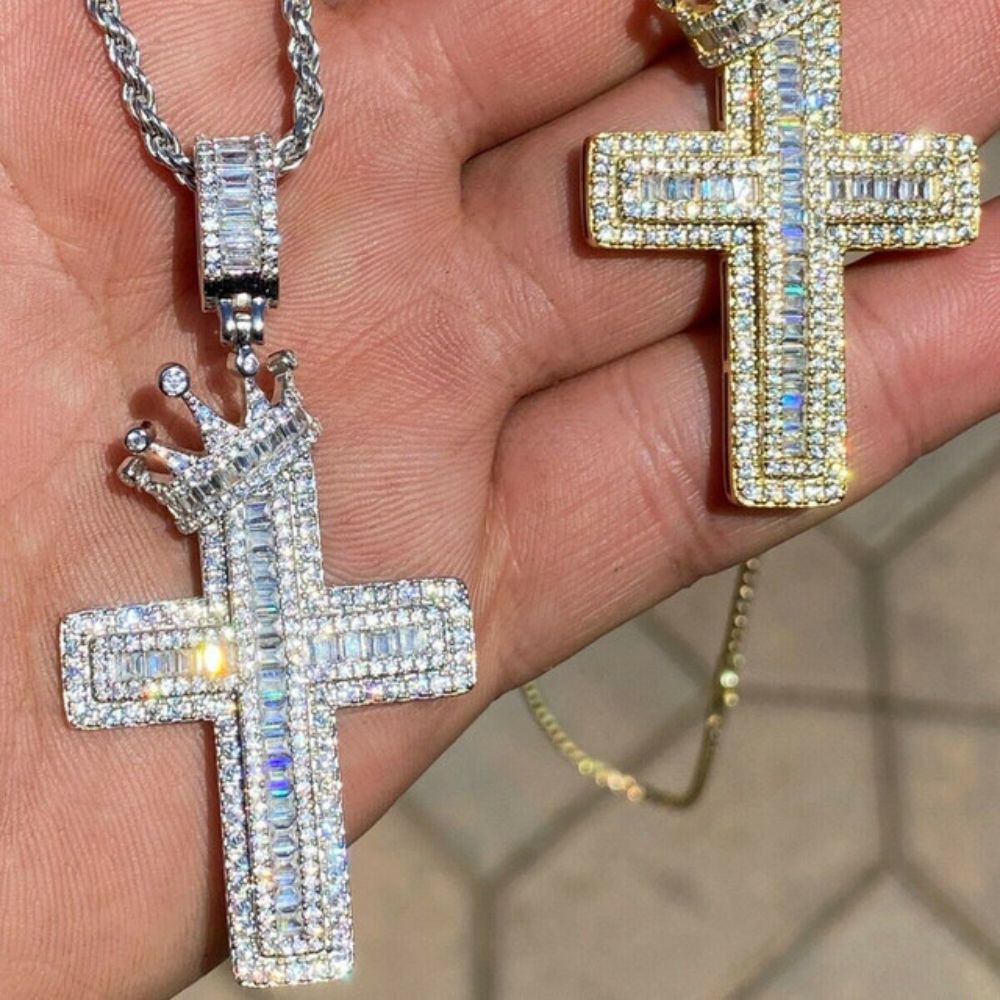 Iced Out Moissanite Diamond Cross With Crown Pendant