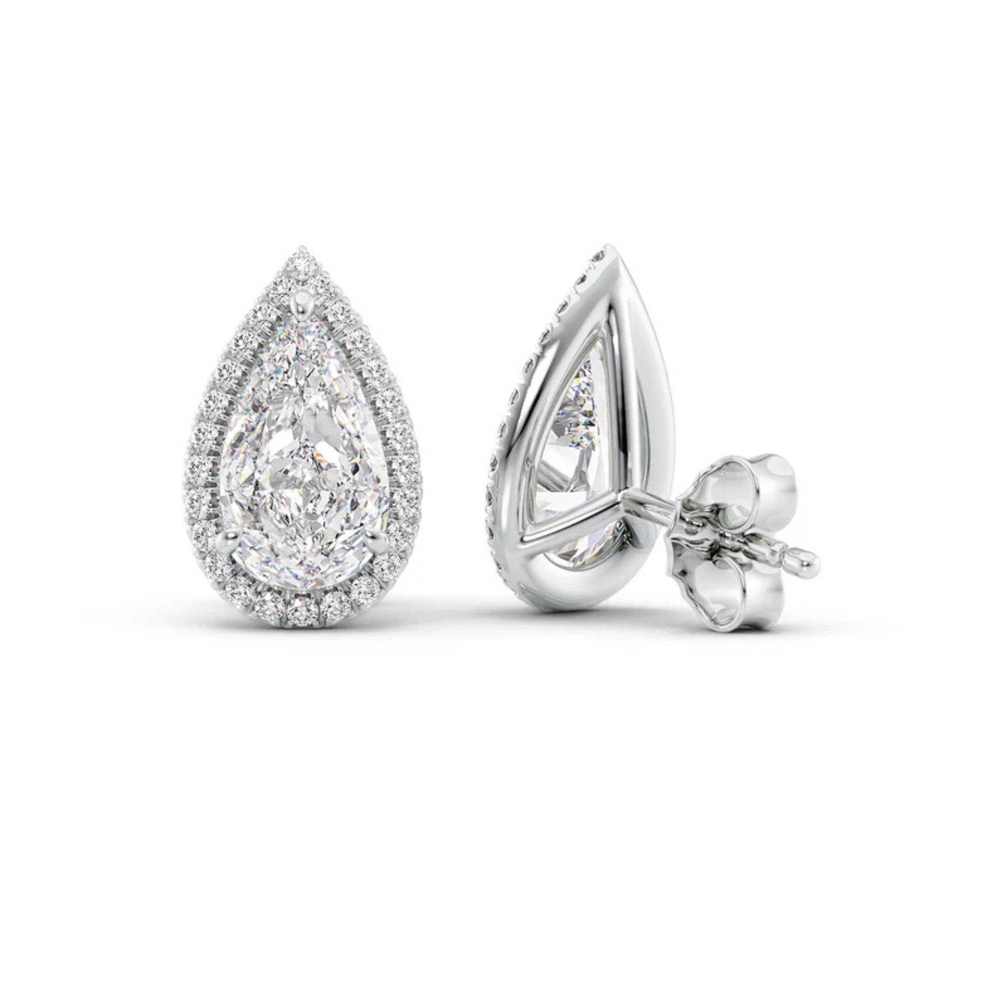 14K White Gold Pear Cut Moissanite Halo Push Back Earring