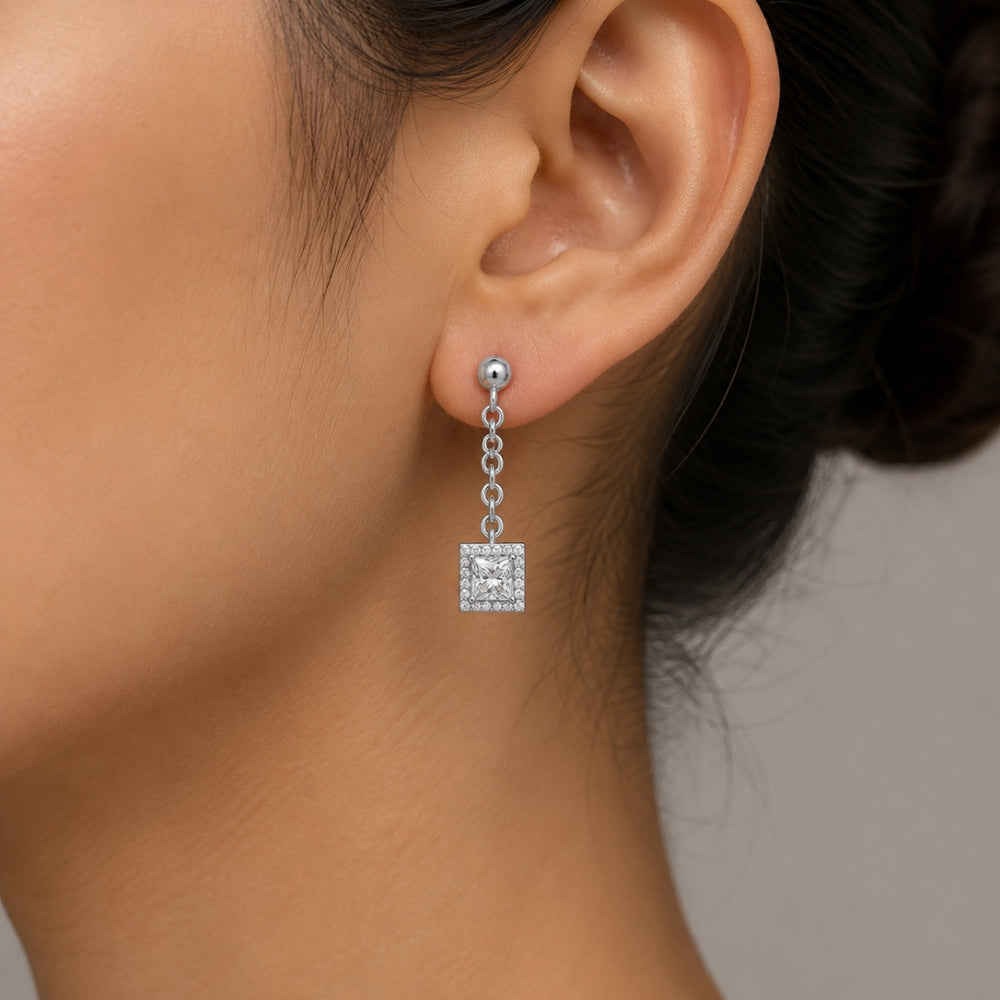 Princess Cut Moissanite Halo Style Drop Dangle Earrings For Women