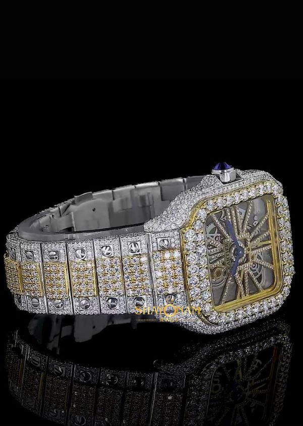 Iced Out Moissanite Diamond Dual Tone Skeleton Wrist Watch