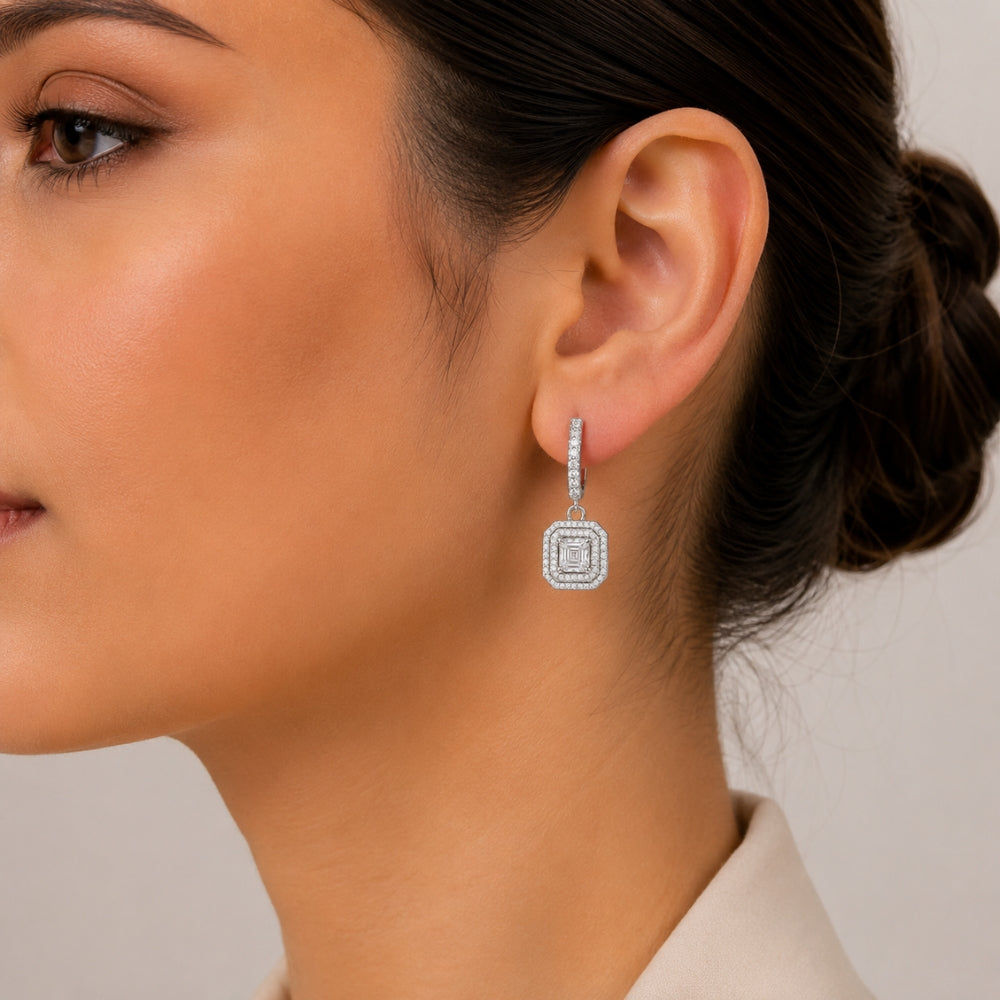 Classic Asscher Cut Moissanite Double Halo Style Drop Dangle Earrings