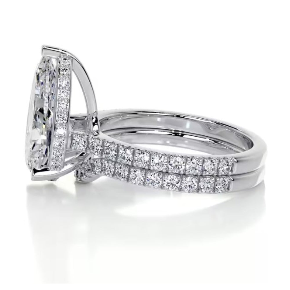 Pear Cut Moissanite Hidden Halo Bridal Ring Set