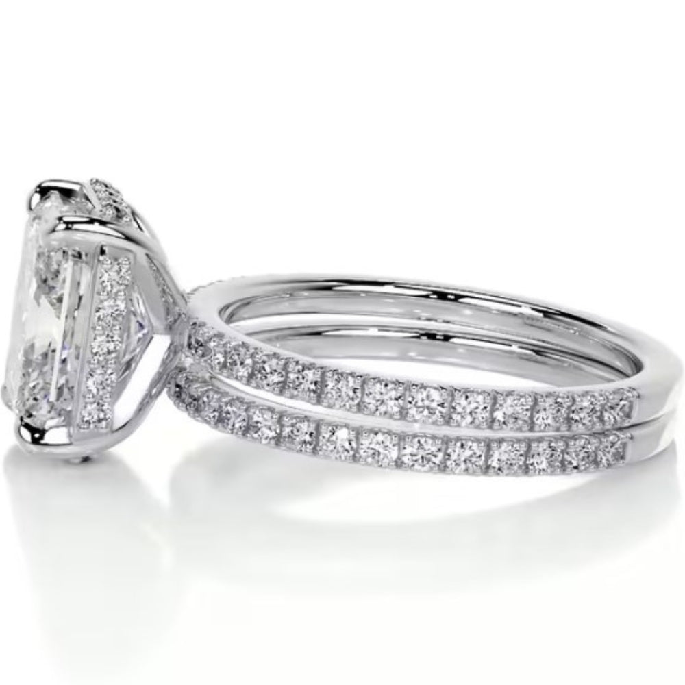 Moissanite Radiant Cut Hidden Halo Style Wedding Ring Set