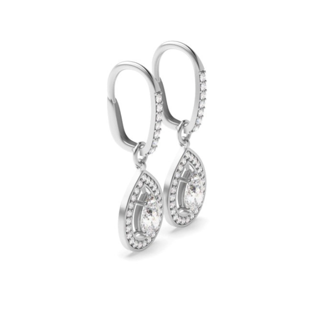 18K White Gold Pear Cut Moissanite Halo Drop Earrings