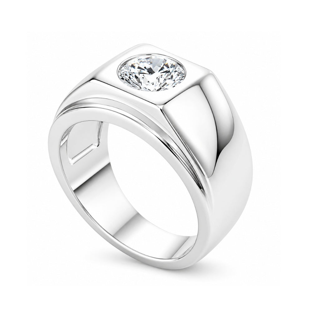 Round Cut Lab Grown Diamond Solitaire Bezel Set Men's Ring