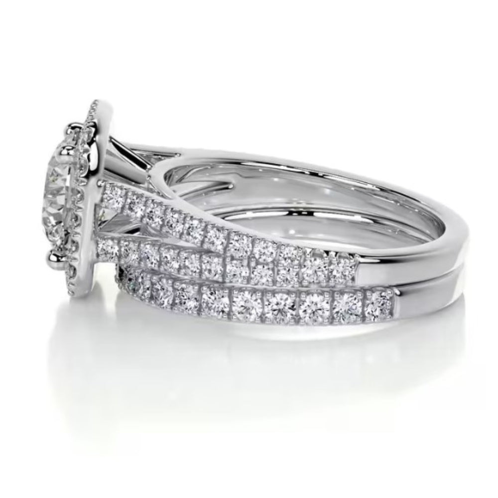 Round Cut Moissanite Halo Style Ring Set For Bridal