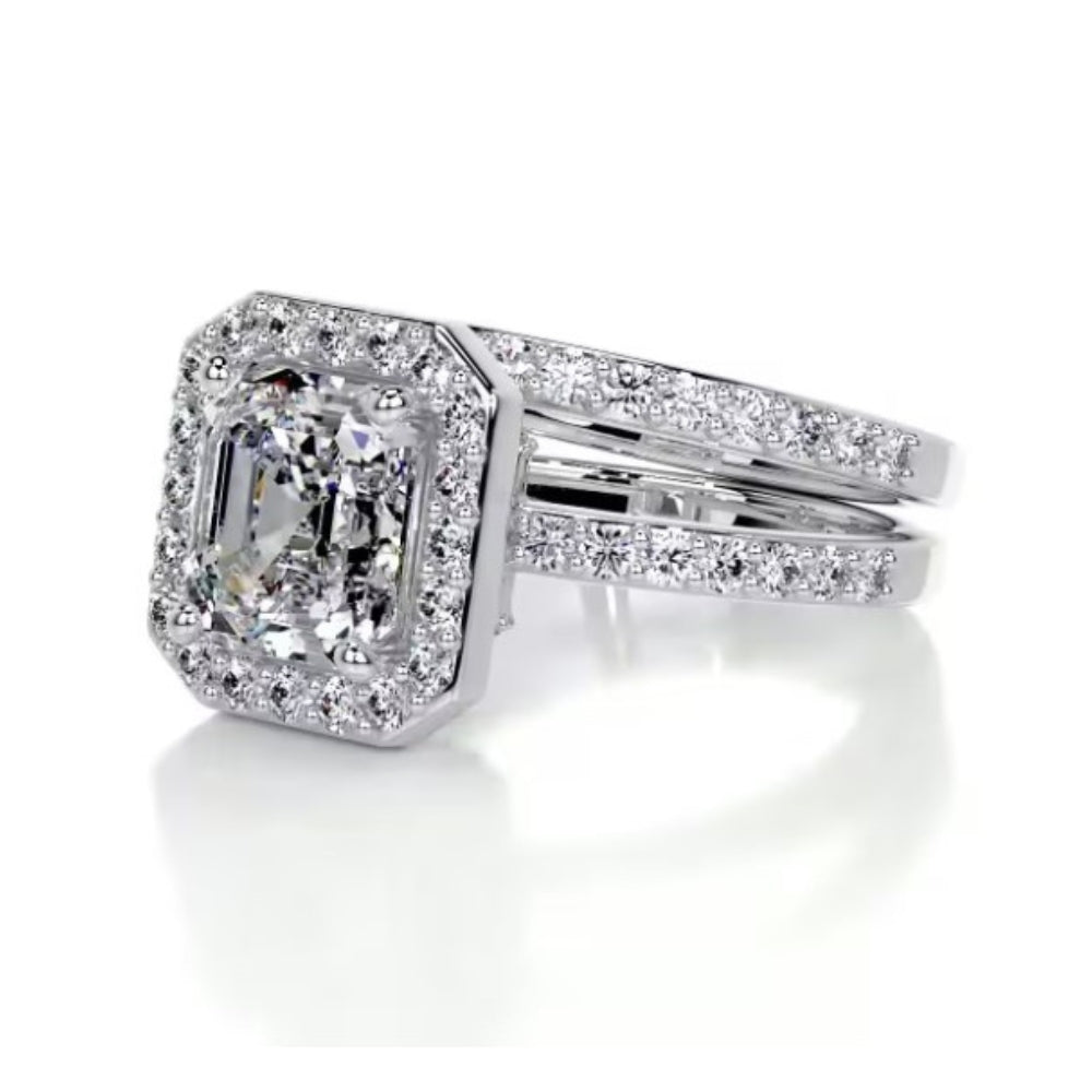 Asscher Cut Moissanite Halo Wedding Ring Set