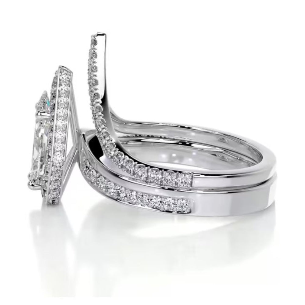 Pear Cut Moissanite Hidden Halo Ring Set For Bridal