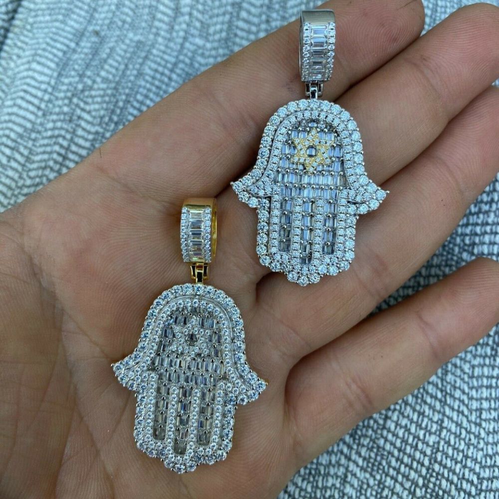 Baguette Cut Moissanite Hamsa Hand Iced Out Hip Hop Pendant