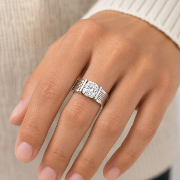Cushion Cut Lab Grown Diamond Solitaire Bar Set Engagement Ring