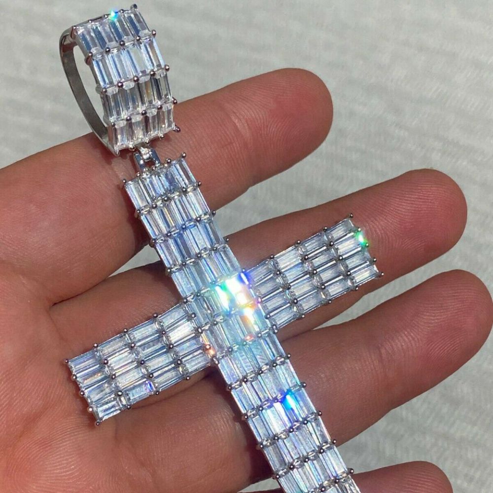 Iced Out Baguette Cut Moissanite Diamond Cross Pendant