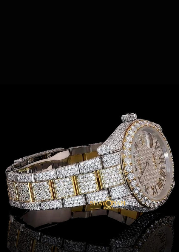 Roman Numeral Dual Tone Iced Out Moissanite Watch