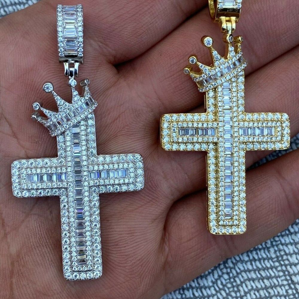 Iced Out Moissanite Diamond Cross With Crown Pendant