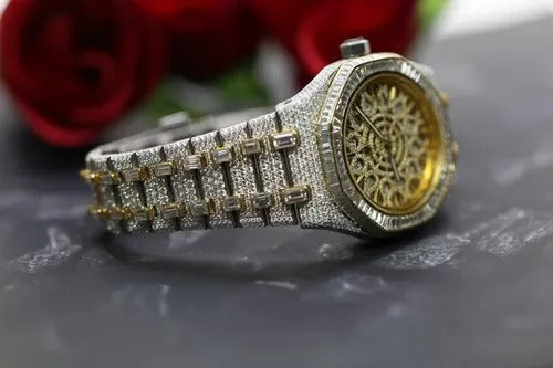 Dual Tone Iced Out Skeleton AP Luxury Men's Watch Anniversary Gift