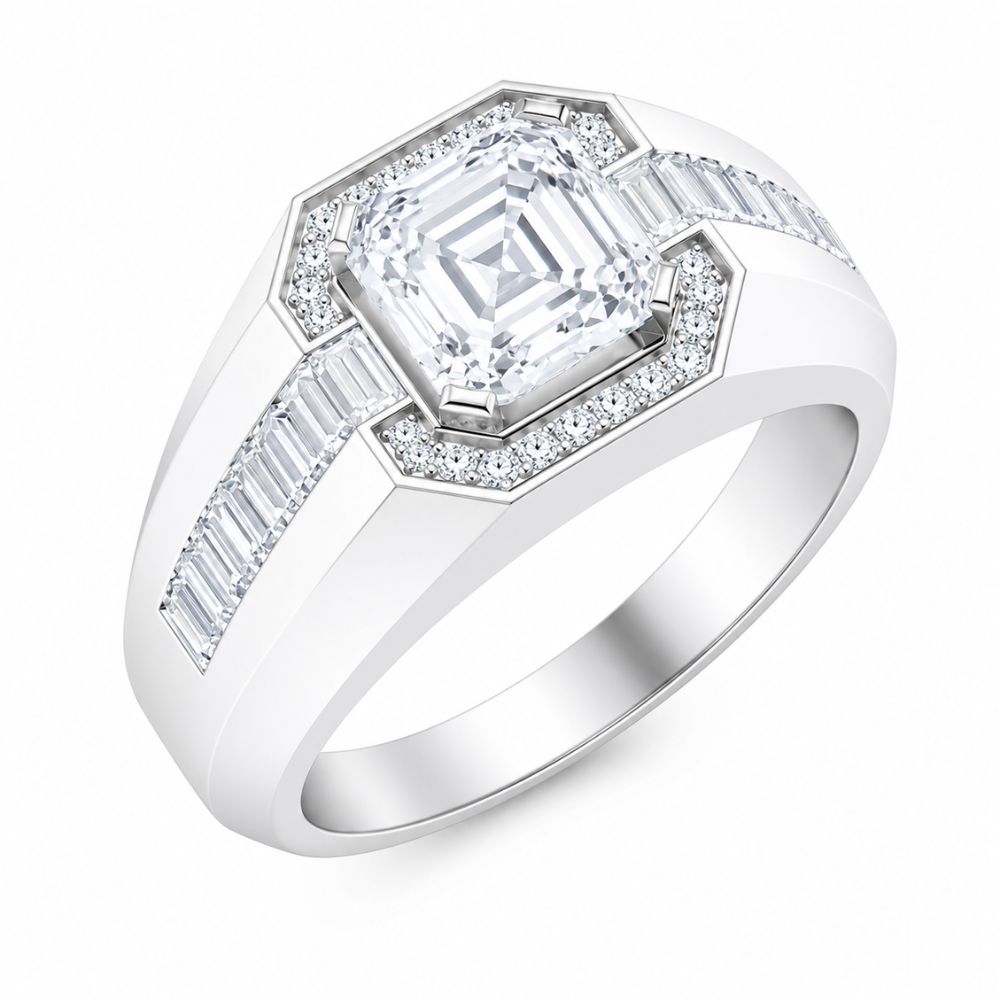 Asscher Cut Lab Grown Diamond Halo Style Men's Ring For Birthday Gift
