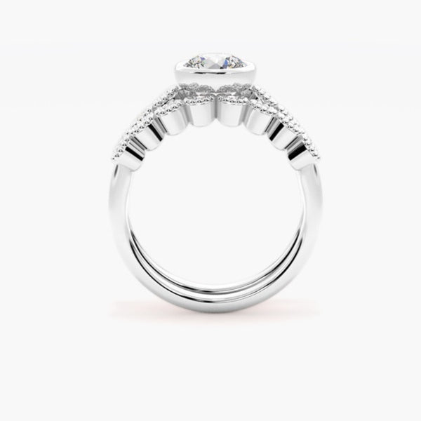 Round Cut Moissanite Filligree Style Wedding Ring Set