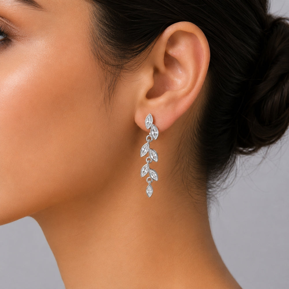 Marquise Cut Moissanite Bezel Set Leaf Style Drop Dangle Earrings